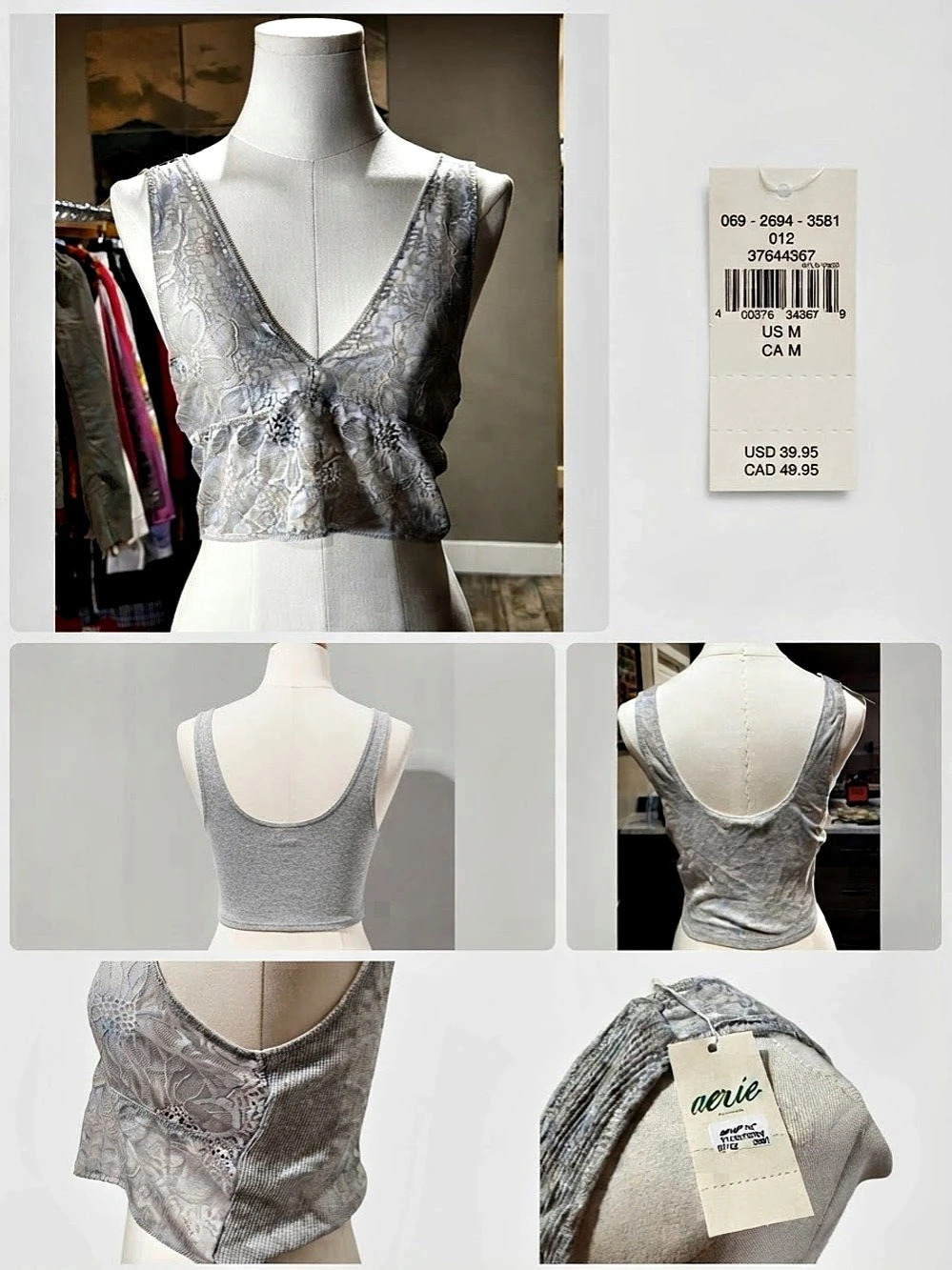Aerie lace bralette Gray Lace Crop Top Size Medium NWT